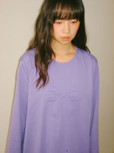 Kokoasoko Sweet Cool Girl 3D Quilted Cotton Embroidered Butterfly Knot Long Sleeve Womens Loose Versatile Pure Cotton Top