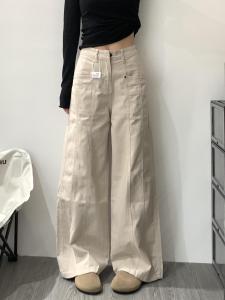 Retro American Workwear Jeans Womens High Waist Loose Slim Straight Leg Pants Trousers in Beige Color Long Pants for Spring Summer