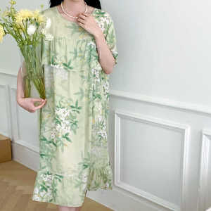 Sweet Womens Nipple Coverage Thin Nightdress Short Sleeve Skirt Lightweight Breathable Rayon Home Wear Loose Long Dress