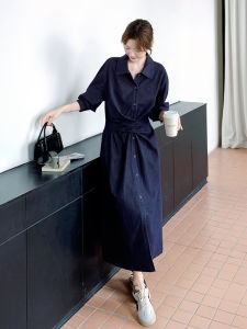 French Vintage Denim Dress Womens Elegant Chic Waist-Cinching Shirt Long Skirt Soft Cotton Polyester Blend A-Line Silhouette