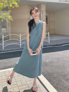 Retro Hong Kong Style Denim Vest Skirt Womens Summer Thin Casual Loose Long Dress Korean Version A-Line Skirt round Neck