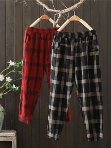 Cotton Blend Casual Loose Womens Pants Thin Autumn Season High Waist Wide Leg Pants Black White Grid Pattern Comfortable Summer Trousers