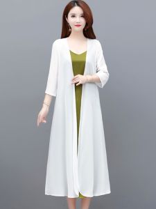 น้ําแข็งบางเฉียบ ผ้าไหม ผ้าชีฟอง คาร์ดิเกน ผู้หญิง ฤดูร้อน เสื้อแจ๊กเก็ต Drapey ยาว เสื้อกั๊ก เสื้อท่อนบน พร้อม สายคล้อง เดรส ผ้าพันคอ ผ้าคลุมไหล่