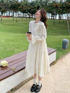 Elegant Lace Butterfly Knot Long Dress Womens Fashion Autumn New Arrival Versatile Beige Simple Design Commute H-Line Skirt