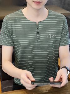 HENGYUANXIANG | Casual Stripe Short Sleeve V-Neck Mens T-Shirt Summer Lightweight Versatile Modern Style Printed Cool Feeling Thin Fabric Shirt