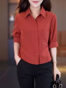 Elegant Casual Long Sleeve Shirt Womens Top New Style Loose Belly Covering Spring Autumn Thin Ladys Shirt Polo Collar Pure Color