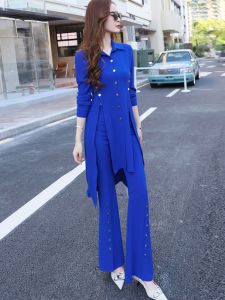 MUBEELE | Fashionable Womens Two-Piece Set Slimming Bell Bottoms Blue Asymmetrical Split Top Polyester Fabric Early Autumn New Arrival