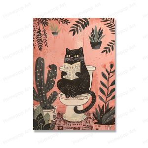 Funny Black Cat On The Toilet Reading Poster Animal Bath Prints Canvas Painting Wall Art Pictures for Toilet WC Bathroom Decor