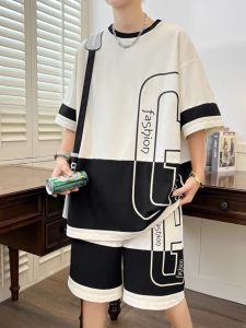 Cool Sensation Summer New Mens Short Sleeve T-Shirt Sporty Stylish High School Student Set Trendy Teenage Polyester Blend round Neck Letter Print Casual Wear