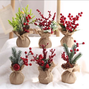 YESPERY Artificial Red Berries Potted Plant Christmas Decoration Mini Xmas Tree Table Decor Supplies Artificial Flowers Fruit Leaves Potted