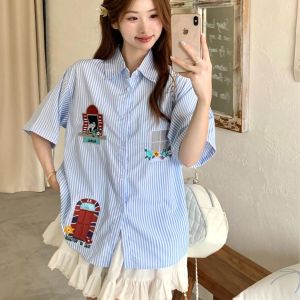 Áo Thun Polo Tay Ngắn Thêu Sọc Mỏng Mùa Hè 2025 Cho Nữ Dáng Rộng Thoải Mái Đa Năng Phong Cách Hàn Quốc