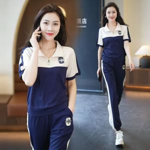 Casual Sport Clothes Two Piece Sets Women Korean Style New Version Fashion Lapel Short Sleeve Lady Patchwork Two Piece Suit Loose and thin