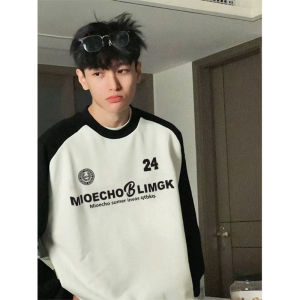 Áo Thun Cotton Dài Tay Cổ Tròn in Chữ Oversize Cho Nam Mùa Xuân Thu Áo Lót Màu Tương Phản Tay Dài Thường Ngày