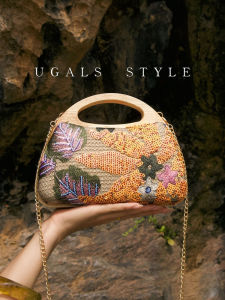 UGALS New Chinese Style Heavy Work Wood Handle Embroidered Flower Sequin Shiny Bead Handbag Shoulder Bag for Youth Daily Use