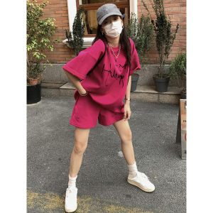 ชุดสองชิ้นสไตล์อเมริกัน INS แฟชั่นฤดูร้อนสำหรับผู้หญิง คอกลมแขนสั้น กางเกงขาสั้นเอวสูง ชุดลำลองสบายๆ ผ้าฝ้ายผสมโพลีเอสเตอร์