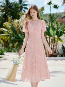 XIANGYING | Polka Dot V-Neck Ruffled Bubble Sleeve Pinafore Wood-Ear Waist Slimming Floral Printed Dress
