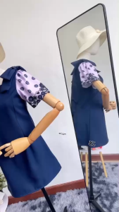 TW22530 10Dee Dress เดรสโบว์ไหล่ แขนพิมพ์ลาย