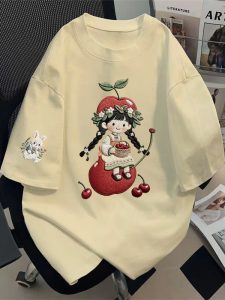 Lazy Style Embroidered Cherry Girl Cotton T-Shirt for Girls Loose round Neck Print Base Shirt Casual Loose Fit Kids T-Shirt