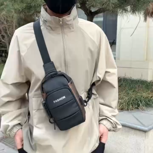 SPS BAGS#625 Fashionable mens anti-theft sling chest bag featuring a password lock and USB charging port with multiple storage areas including a large main compartment interior zipper pockets and a back zip pocket for safety.
