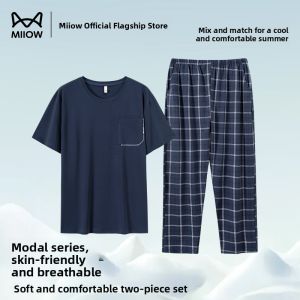 MiiOW | Cat Person Modal Cotton Mens Sleepwear Summer Thin Short Sleeve Long Pants Home Clothes Gift For Dad Father Casual Outfit