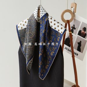 Heavyweight Double-Sided Floral Silk Scarf Womens  Silk Square Scarf Black Blue White Paisley Nut Flower Pattern