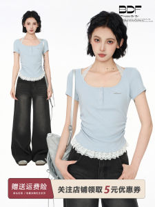 Blue Lace Short Sleeve T-Shirt Womens Slim Fit Summer Tight Waist Short Length Irregular Neckline U-Neck Commute Style Korean Version