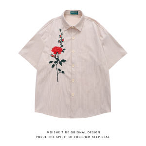 Retro Rose Embroidery Short Sleeve Loose Fit Corduroy Mens Shirt Versatile Casual Summer Fashion MOISHE TIDE Trendy Brand