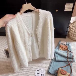 French Solid Lace Edge V-neck Autumn Winter Popular New Knitted Cardigan Sweater Womens Long-sleeved Pearl Single-breasted Top