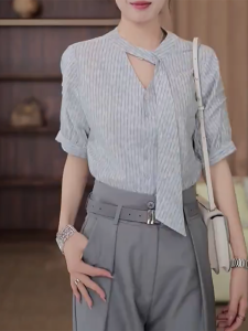 QINGNAER | Elegant Stylish Stripe Bow-tie Design Slimming Womens Shirt