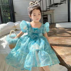 Girl Blue Floral Puff Sleeve Dress Baby Super Fairy Princess Dress Kids Female Han Costume Cool National Style Cheongsam