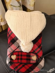 Thickened Fluffy Knitted Hat Red Plaid Fleece Lined Pet Dog Clothes Winter Warm Coat for Cats And Dogs New Years Pet Apparel
