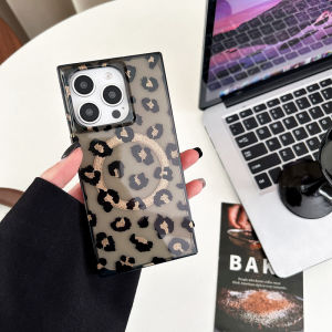 Simple Black Gold Sparkle Leopard Print Magnetic Phone Case for Apple iPhone 16 pro Max Square Right Angle Edge Female Model Full Cover Creative Fashion