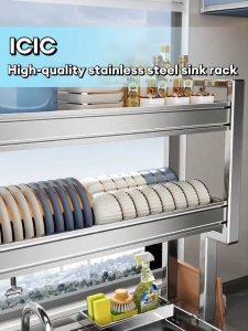 ICIC Stainless Steel Dish Rack with Drainer Adjustable Dish Rack Organizer Multi-functional Plate Drying Storage Kitchen Organizer Over The Sink Dish Rack