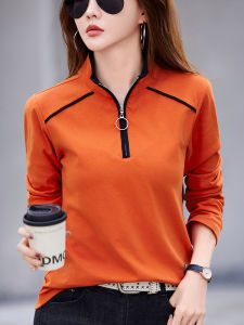 เสื้อยืดคอกลมแขนยาวผ้าฝ้ายผสมสำหรับผู้หญิง ฤดูใบไม้ผลิ 2025 เสื้อเชิ้ตทรงหลวมสไตล์กีฬาแบบใหม่พร้อมซิปและกระเป๋า