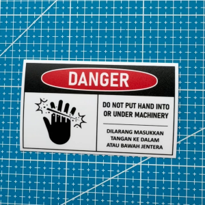 Danger Bahaya Caution. Machine Cut Fingers Sticker. Do Not Put Hand into Machinery. Dilarang Masuk Jari Tangan Jentera.