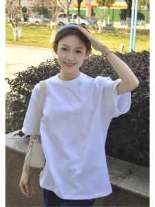 เสื้อยืดคอกลมแขนสั้นผ้าฝ้ายแท้สีขาวสไตล์เรียบง่ายสำหรับผู้หญิง เสื้อเชิ้ตทรงหลวมสำหรับใส่ทำงานในฤดูร้อน ทรงหลวม ทรงหลวม ทรงหลวม