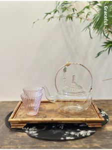 Furyao Chinese Style Large Capacity Glass Tea Pot with Filter Hole Fairy Pendant Pink Flower Tea Brewing Pot Palace Style