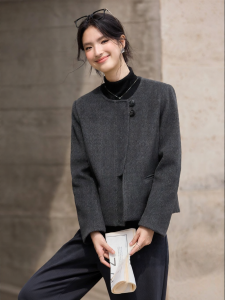 Vimly | Gray French Style Round Neck Wool Coat Short