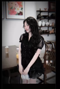 L_Set bling kim sa cổ bẻ kèm chân váy phồng sang chảnh