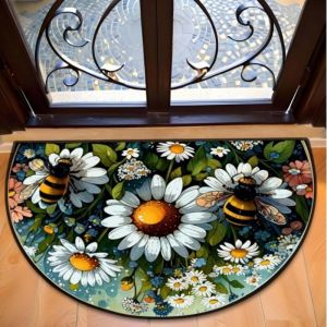 VIKAMA Half Round Welcome Sunflower Leopard Yellow Black Floral Art Crystal Velvet Door Mat Non Slip Entryway Bedroom Living