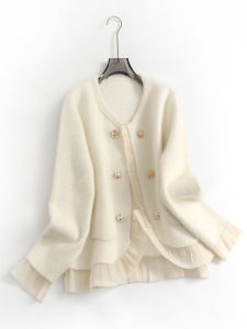 เสื้อแจ๊กเก็ตหญิงคอกลมแขนยาวถักสีบริสุทธิ์เลียนแบบ ขนมิงค์ เสื้อโค้ท เรียบหรู สไตล์เลดี้ คาร์ดิเกน G824 ผ้าชีฟอง แฟชั่น