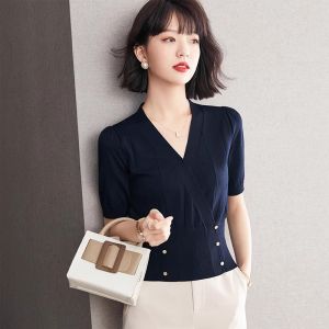 Spring Fashion French High End V-Neck Waist-Cinching Knitted T-Shirt