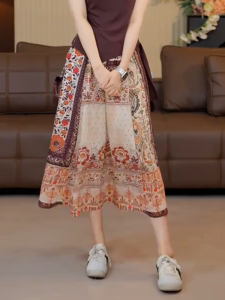 MANMI | Chân Váy A-Line Giảm Cân Thanh Lịch Phong Cách Pháp Retro In Đồ Dân Tộc