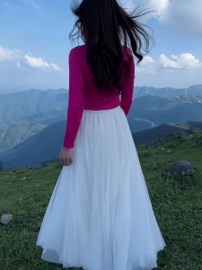 กระโปรงจีบเอวสูงผ้าตาข่าย กระโปรงยาวปานกลาง ทรงเอ ทรงเข้ารูป สไตล์ทำงาน ฤดูใบไม้ผลิ 2024 กระโปรงทรงเอ