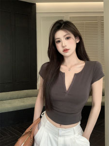 GUZILIAN | Slim Fit Short Sleeve T-Shirt Womens Summer New Style Basic Version Short Length Half Open Collar Fashionable Casual Top