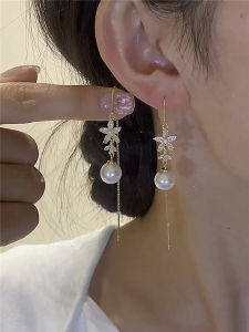 Elegant Long Tassel Pearl Earrings Womens Fashion Simple Zircon Flower Ear Lines Korean Style Fresh out New Jewelry Accessories