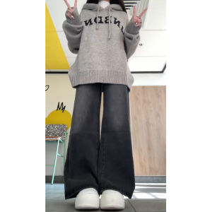 กางเกงยีนส์ทรงตรงเอวต่ำบุขนแกะสไตล์อเมริกันสำหรับผู้หญิง กางเกงขายาวทรงสลิมฟิตสำหรับนักเรียนมัธยมปลายและมัธยมต้น ฤดูใบไม้ร่วง/ฤดูหนาว