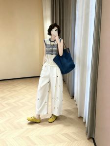 Cute Korean Style Summer Wear Knitted Top & Dots Wide Leg Pants Set