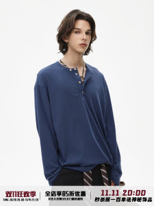 Blaexit Retro Money Style Long Sleeve Mens Henry Collar Base Shirt Casual Fashion T-Shirt for Young Men Autumn Wear