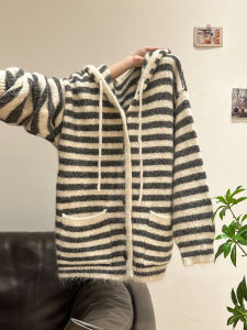 เสื้อสเวตเตอร์คาร์ดิแกนคอตตอนหนาสำหรับผู้หญิง ทรงหลวมๆ แขนยาว มีฮู้ด สไตล์ลำลอง ฤดูใบไม้ร่วง/ฤดูหนาว เสื้อคลุมกันหนาวแบบสวมหัว